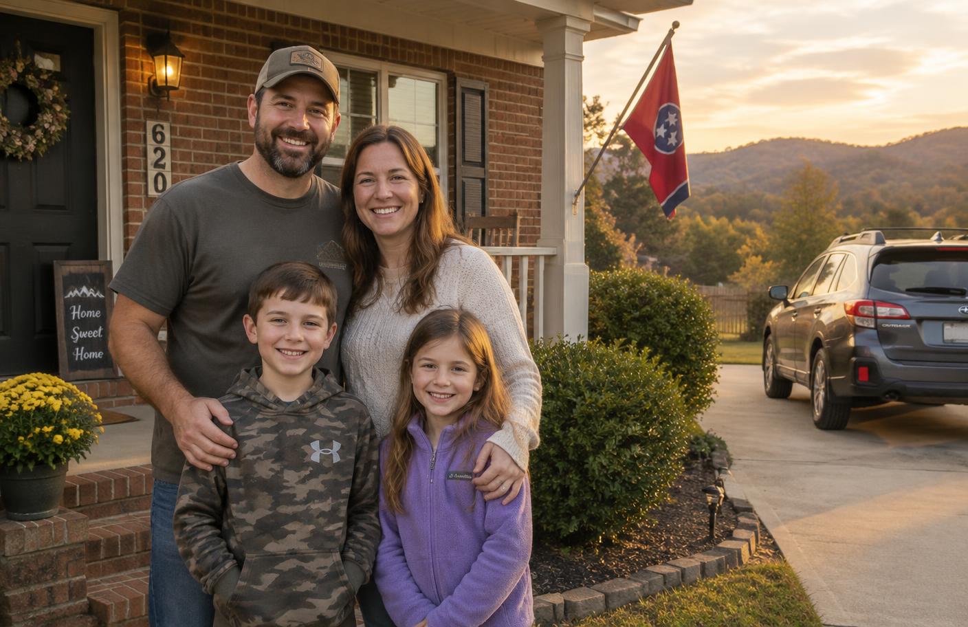 Smiling family in front of their Tennessee home with their car in the driveway