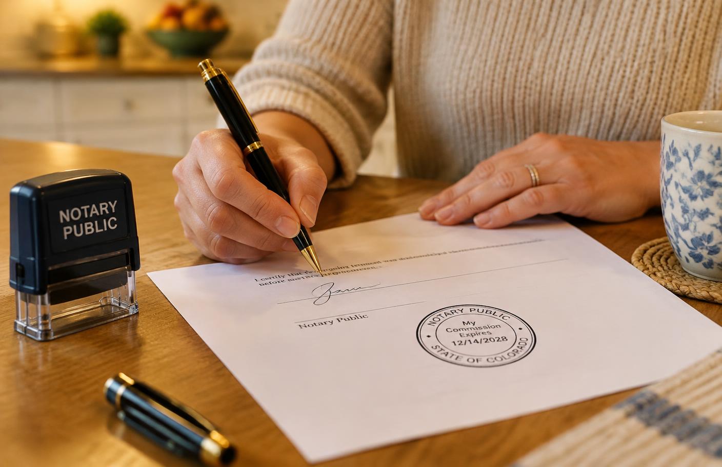 Person signing a document beside a notary stamp
